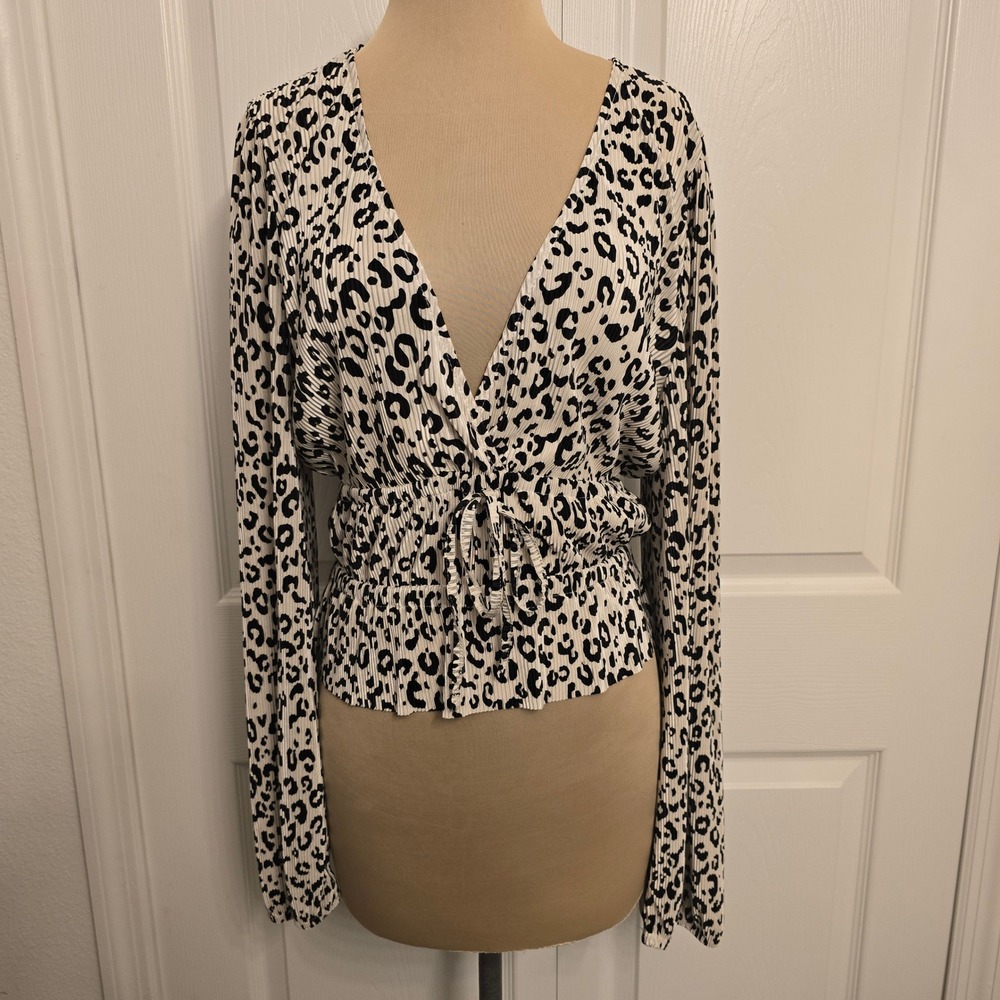 ZARA Leopard Print Pleated Faux Wrap Long Sleeve Peplum Blouse Top Women L cinch